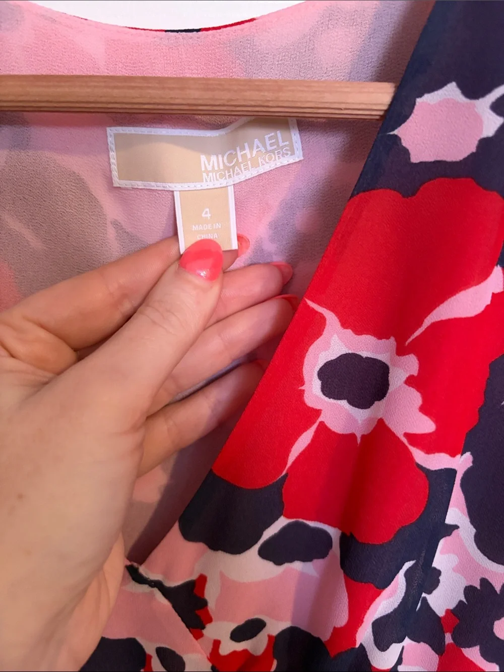 Michael Kors Red Pink & Navy Floral V-Neck Midi Dress with Short Sleeves